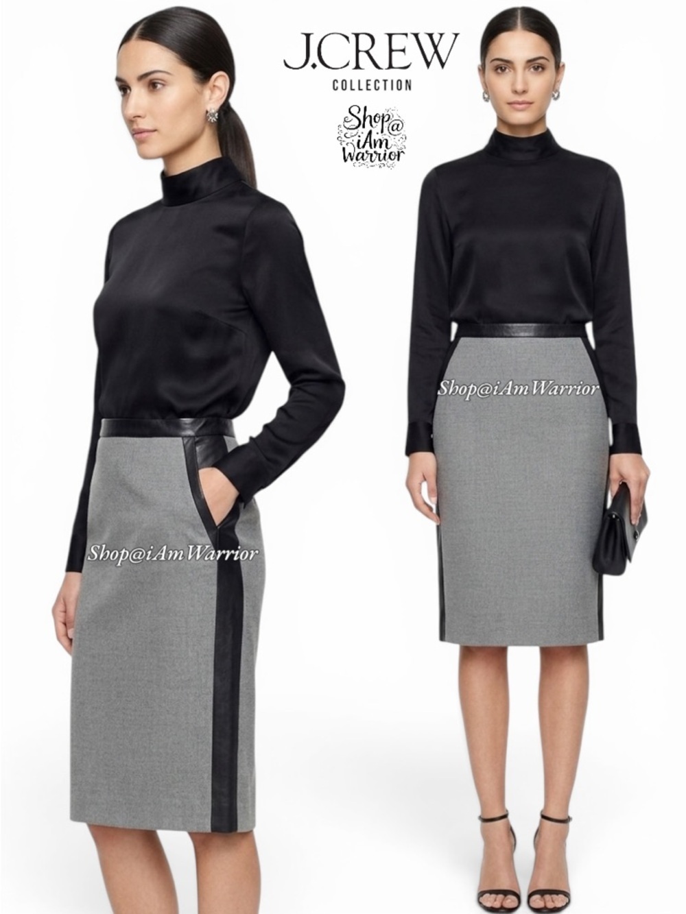 J.Crew Collection *RARE* No. 2 leather tipped heather grey wool pencil skirt